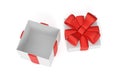 Open empty gift box top view. White box with red ribbon and bow. isolated on white background. 3d render Royalty Free Stock Photo