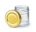 Open empty glass jar and blank golden lid Royalty Free Stock Photo