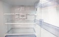 Open empty new white refrigerator inside fridge with shelves Royalty Free Stock Photo