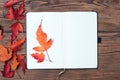 Open empty notebook and bright autumn leaves on wooden background, top view Royalty Free Stock Photo
