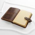 An open empty notebook with a brown leather cover lies on a white Royalty Free Stock Photo
