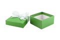 open and empty olive green color gift box with white ribbon bow tied on lid isolated on white background Royalty Free Stock Photo