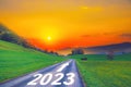 Open empty road path end and new year 2023. Upcoming 2023 goals and leaving behind 2022 year. passing time future, life Royalty Free Stock Photo