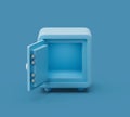 Open empty Safe box front view on blue pastel background with soft shadows. Simple 3d render illustration.