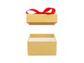 close up single open empty gold gift box with red ribbon bow (lid floating) isolated on white background Royalty Free Stock Photo