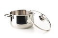 Open, empty stainless steel cooking pot with glass lid over white background, cooking or kitchen utensil Royalty Free Stock Photo