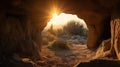 Open empty tomb of Jesus with sunset view Royalty Free Stock Photo