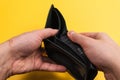 Open an empty wallet at the end of the month. on a yellow background is the time to earn, selective focus