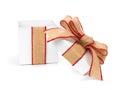 Open, empty white Christmas gift box wrapped with burlap bow and ribbon, isolated on white Royalty Free Stock Photo