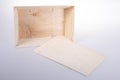 Open empty wooden box in wooden for oysters or fruits Royalty Free Stock Photo