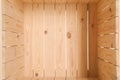 Open empty wooden crate, closeup. Inside Royalty Free Stock Photo