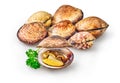 Open en closed clams with shellfish isolated on white background Royalty Free Stock Photo
