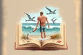 An open enchanted book with a surfer, birds and fishes emerging from within. Illustration painting