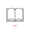 Open encyclopedic book. Outline icon. Vector illustration. Paper school textbook. Symbols of scientific research and education.