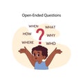 Open-ended questions concept. Inquisitive boy surrounded by queries Royalty Free Stock Photo