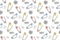 Open English Pin Pattern With Hand Marks. Sewing Background, Hand Made Illustrations Of Sew Tools. Vector Seamless
