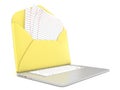 Open envelope and blank lined paper on laptop. Side view. 3D render