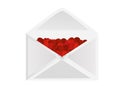 Open envelope completed red hearts. Valentine`s Day. Love inside