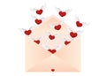 Open envelope with departing hearts with wings. Valentine`s Day.