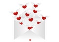 Open envelope with departing hearts with wings. Valentine`s Day.