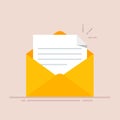 Open envelope with a document. New letter. Sending correspondence. Flat illustration isolated on color background. Royalty Free Stock Photo