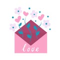 Open envelope with flowers. Cute Stock Vector illustration in simple flat style. Floral mail. Happy Valentine's Royalty Free Stock Photo