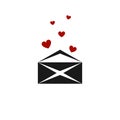 Open envelope icon with red hearts flying out. Love messages, declarations of love, sympathy, Valentines Day. Beautiful