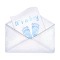 Open envelope with letter, blue children footprint. It is a boy. Baby Shower or gender reveal party invitation. Hand