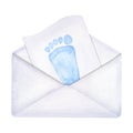 Open envelope with letter, blue children footprint. It`s a boy. Baby Shower or gender reveal party invitation. Hand