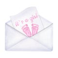 Open envelope with letter, pink children footprint. It is a girl. Baby Shower or gender reveal party invitation. Hand