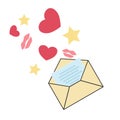 An open envelope with a letter. Stars, hearts, kisses fly out of it.