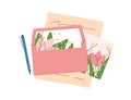 Open envelope with paper handwritten letter and greeting postcard composition. Correspondence, spring post card with