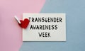 An open envelope with the text TRANSGENDER AWARENESS WEEK, on a pink and blue background with a decor of felt hearts and a flower