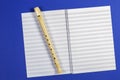 Open exercise book with pentagrams and musical instrument flute on blue background
