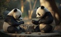 2 young panda playing in the open area of the bamboo forest, generative AI