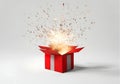 Open exploding gift box on infinite white background. Royalty Free Stock Photo
