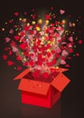 Open explosion red gift box fly hearts and confetti Happy Valentine s day. Vector illustration template bamer poster Royalty Free Stock Photo