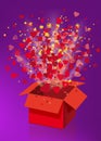 Open explosion red gift box fly hearts and confetti Happy Valentine s day. Vector illustration template bamer poster Royalty Free Stock Photo