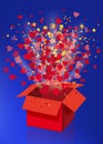 Open explosion red gift box fly hearts and confetti Happy Valentine s day. Vector illustration template bamer poster Royalty Free Stock Photo