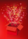 Open explosion red gift box fly hearts and confetti Happy Valentine s day. Vector illustration template bamer poster Royalty Free Stock Photo