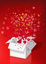 Open explosion white gift box fly hearts and confetti Happy Valentine s day. Vector illustration template bamer poster Royalty Free Stock Photo