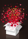 Open explosion white gift box fly hearts and confetti Happy Valentine s day. Vector illustration template bamer poster Royalty Free Stock Photo