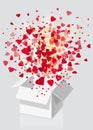 Open explosion white gift box fly hearts and confetti Happy Valentine s day. Vector illustration template bamer poster Royalty Free Stock Photo