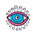 Open eye with lashes hand drawn vector illustration logo in cartoon comic stlye blue pink colors Royalty Free Stock Photo