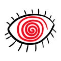 Open eye with spiral center hand drawn vector illustration in doodle style red white black