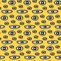 Open eyes with lashes hand drawn seamless pattern in cartoon doodle style black white contrast yellow background