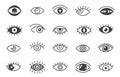 Open eyes symbols. Outline human eye optic icons, eyeball eyelashes linear signs, vision health ophthalmology concept