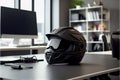 Open face motorcycle helmet on wooden table.
