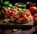Open face tomato toast with basil and parmesan cheese, AI