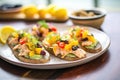 open-faced baked salmon sandwiches on a platter Royalty Free Stock Photo